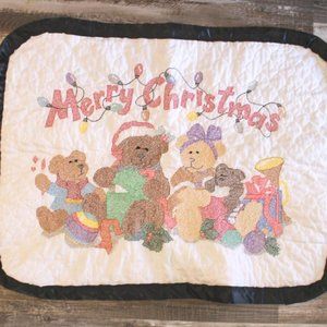 Hand Made Embroidered Baby Blanket Quilt Christmas Bears Measures 43” x 34”